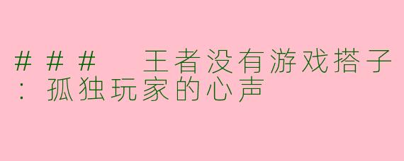 ### 王者没有游戏搭子：孤独玩家的心声