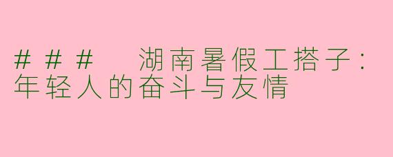 ### 湖南暑假工搭子：年轻人的奋斗与友情