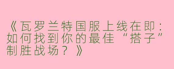 《瓦罗兰特国服上线在即：如何找到你的最佳“搭子”制胜战场？》