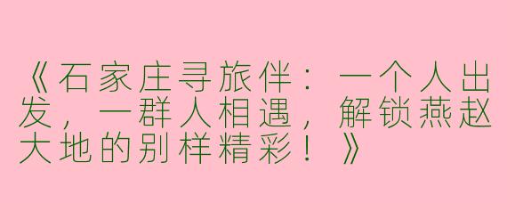 《石家庄寻旅伴：一个人出发，一群人相遇，解锁燕赵大地的别样精彩！》