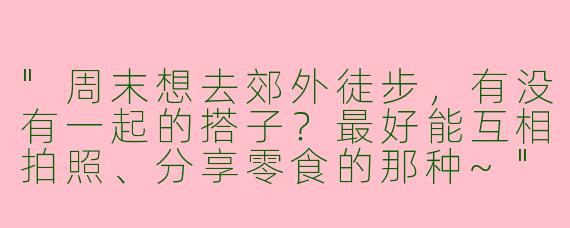 "周末想去郊外徒步，有没有一起的搭子？最好能互相拍照、分享零食的那种~"