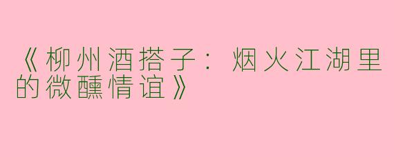 《柳州酒搭子：烟火江湖里的微醺情谊》
