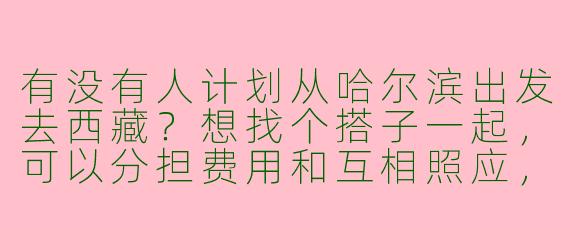 有没有人计划从哈尔滨出发去西藏？想找个搭子一起，可以分担费用和互相照应，时间大概在9月或10月，有兴趣的聊聊！