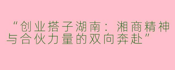 “创业搭子湖南：湘商精神与合伙力量的双向奔赴”