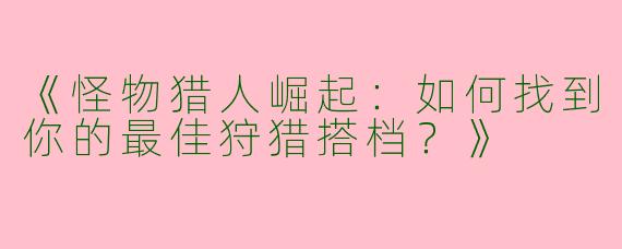《怪物猎人崛起：如何找到你的最佳狩猎搭档？》