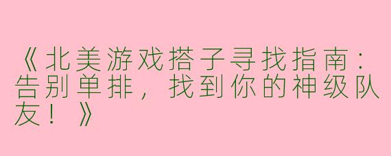 《北美游戏搭子寻找指南：告别单排，找到你的神级队友！》