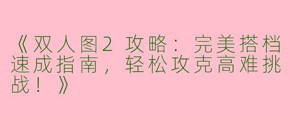 《双人图2攻略:完美搭档速成指南,轻松攻克高难挑战!》