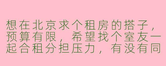 想在北京求个租房的搭子，预算有限，希望找个室友一起合租分担压力，有没有同样需求的朋友？最好能在朝阳或海淀附近，生活习惯良好，不养宠物，长租优先。