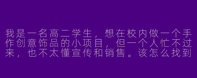 我是一名高二学生，想在校内做一个手作创意饰品的小项目，但一个人忙不过来，也不太懂宣传和销售。该怎么找到合适的“创业搭子”，并且避免合作中可能出现的问题？-高中生创业搭子